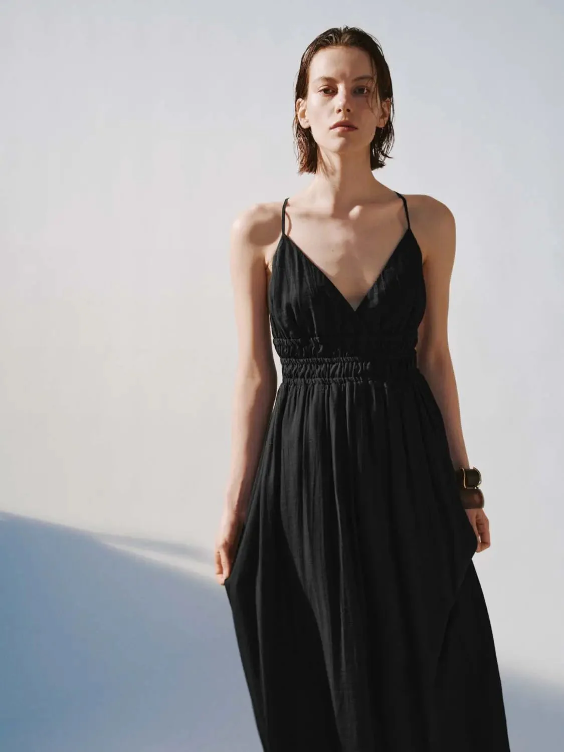 Elegant Black Strappy Smocked Waist Maxi Dresses