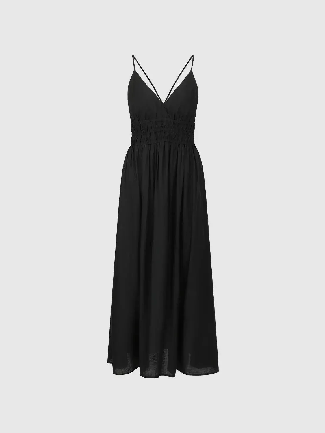 Elegant Black Strappy Smocked Waist Maxi Dresses