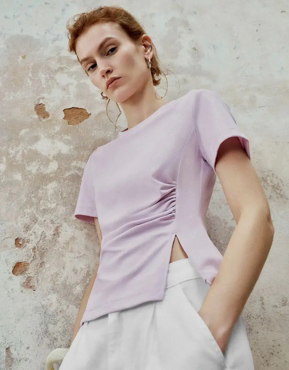 1160-white-natural-fiber-blend-with-subtle-ruched-detail-t-shirt-19.webp White Natural Fiber Blend With Subtle Ruched Detail T Shirt