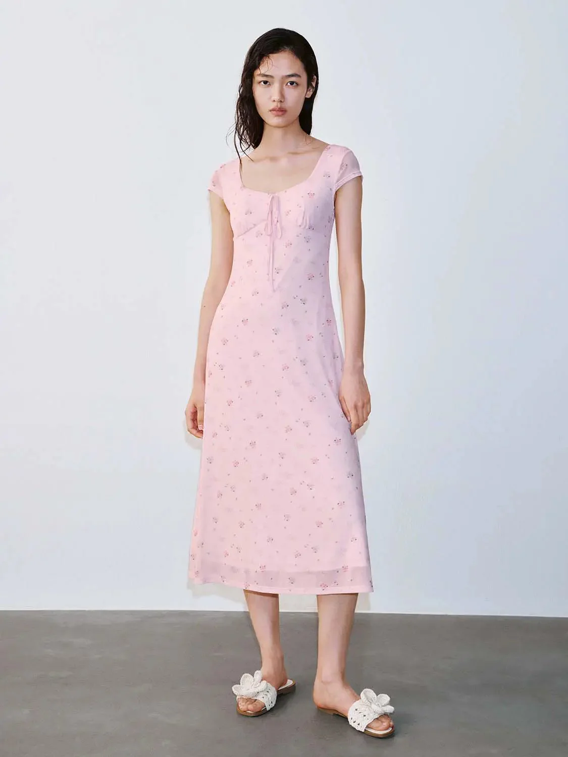 Pink Floral Bow Detail Scoop Neck Aline Midi Dress