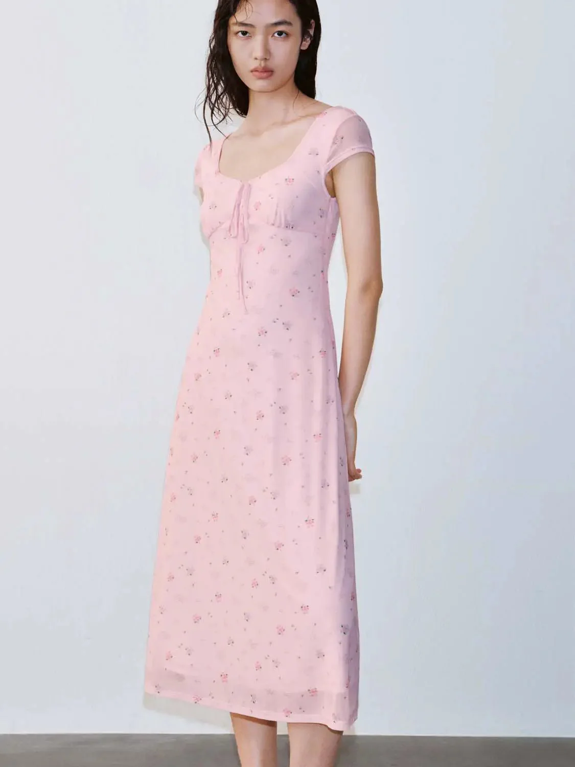 Pink Floral Bow Detail Scoop Neck Aline Midi Dress