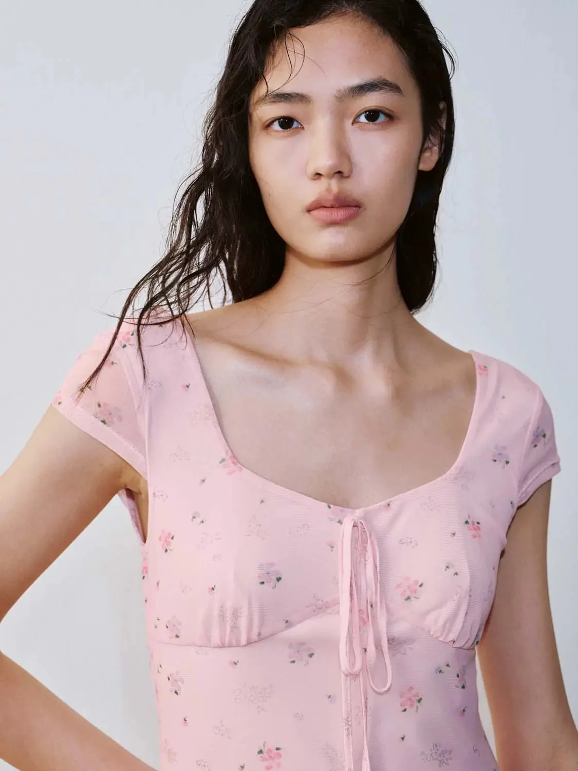 Pink Floral Bow Detail Scoop Neck Aline Midi Dress