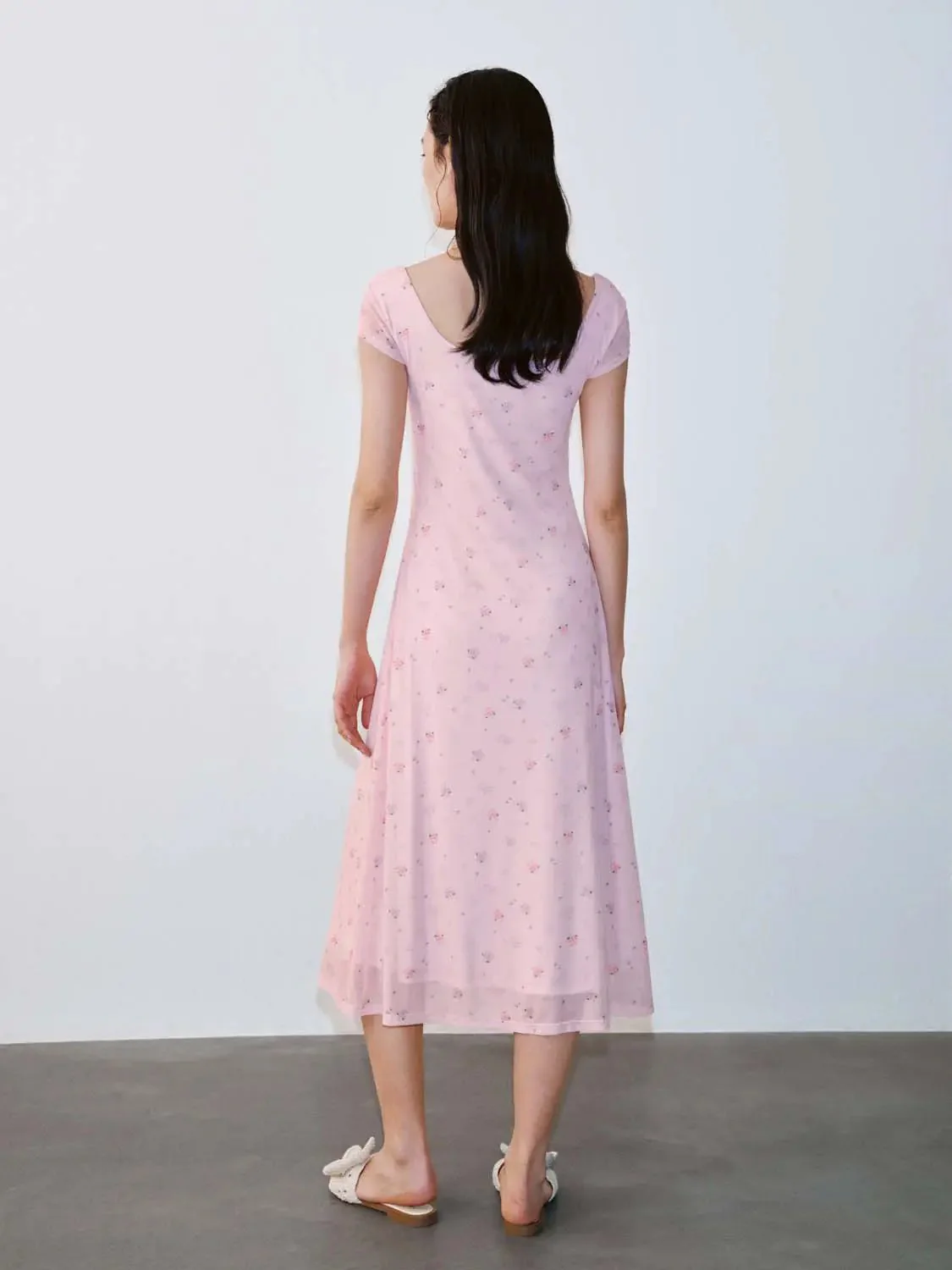 Pink Floral Bow Detail Scoop Neck Aline Midi Dress