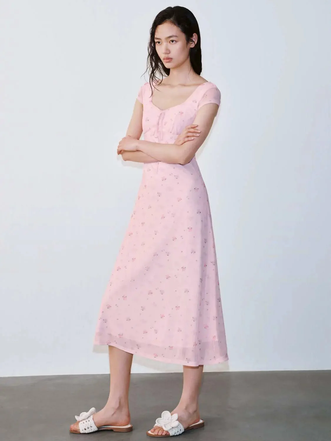 Pink Floral Bow Detail Scoop Neck Aline Midi Dress