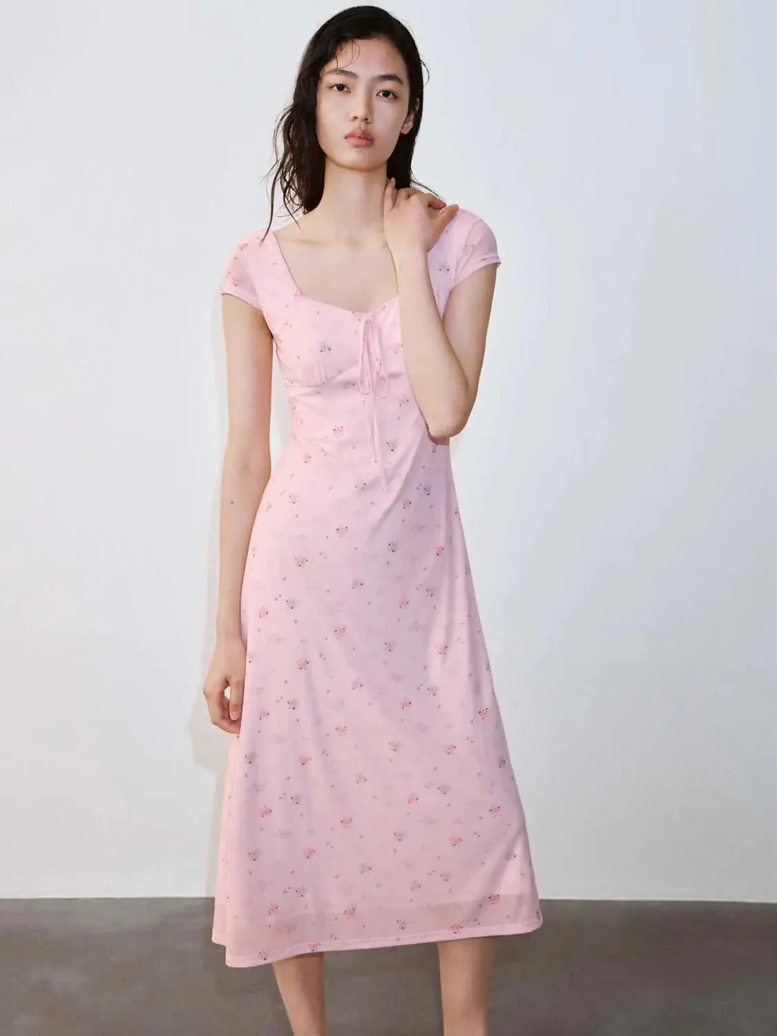 Pink Floral Bow Detail Scoop Neck Aline Midi Dress