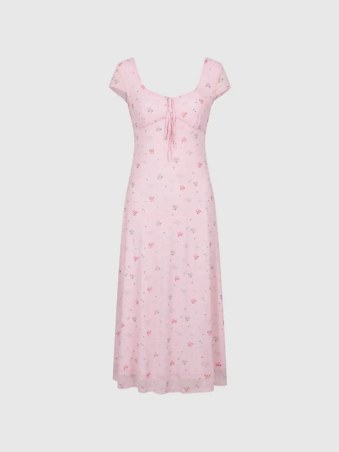 Pink Floral Bow Detail Scoop Neck Aline Midi Dress