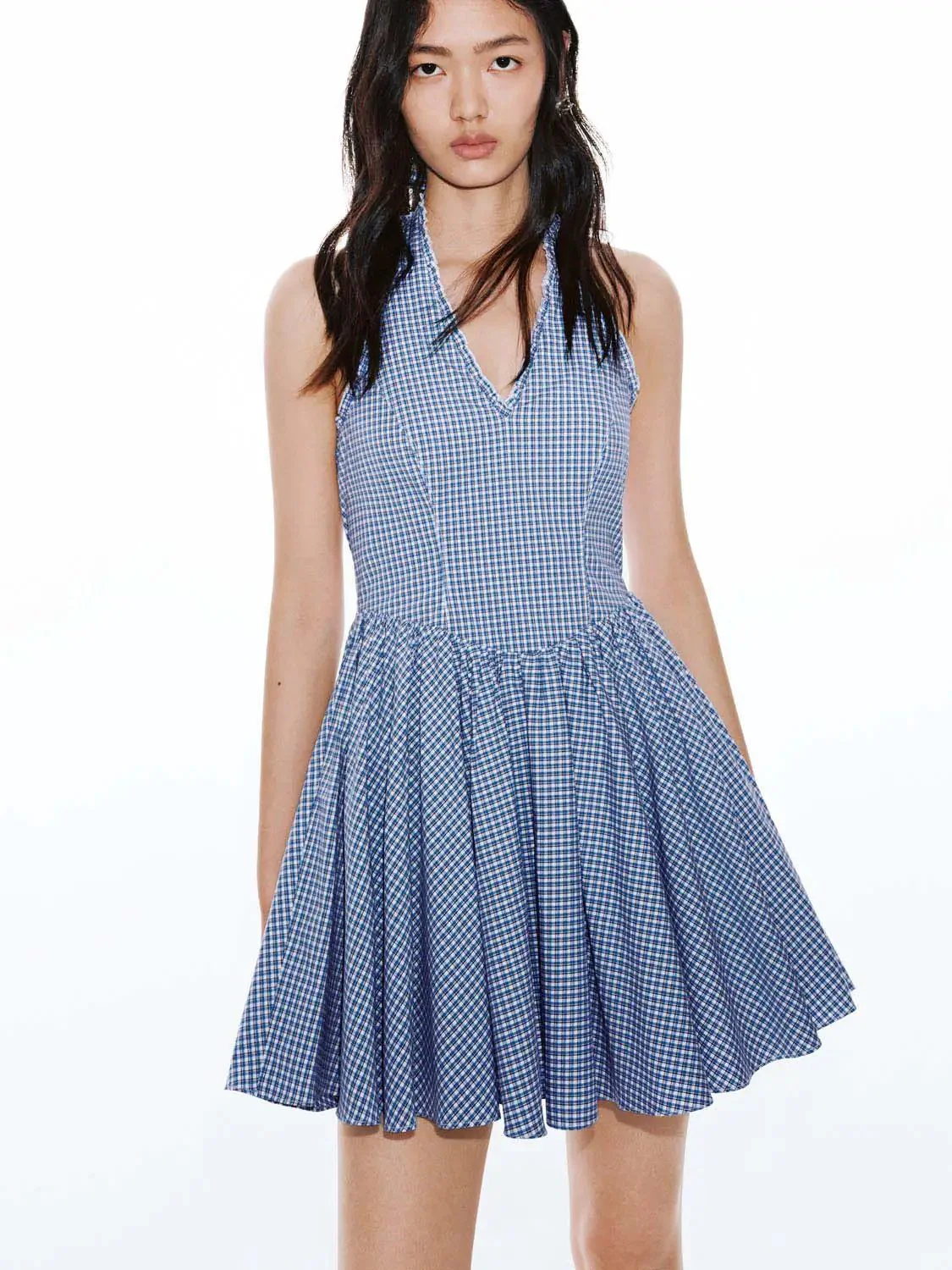 Cotton Halter V Neck Striped A Line Mini Dresses