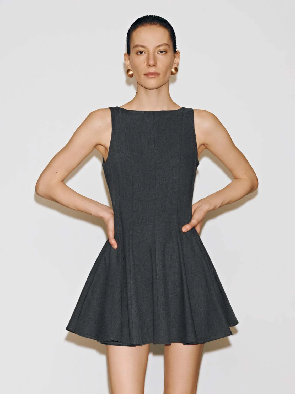 Elegant Charcoal Sleeveless A Line Midi Dress