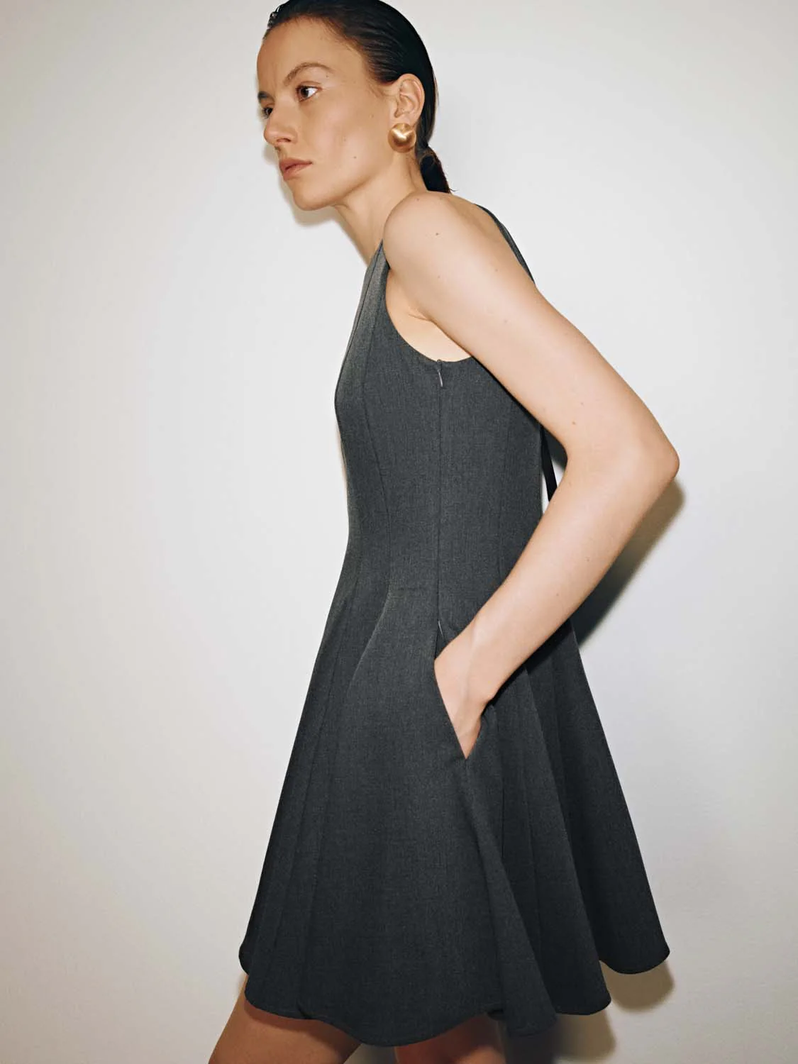 Elegant Charcoal Sleeveless A Line Midi Dress