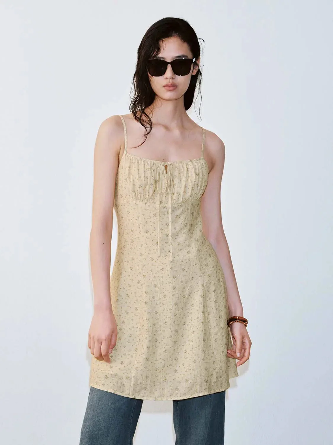 Floral Print Strappy Tie Detail A Line Midi Dress