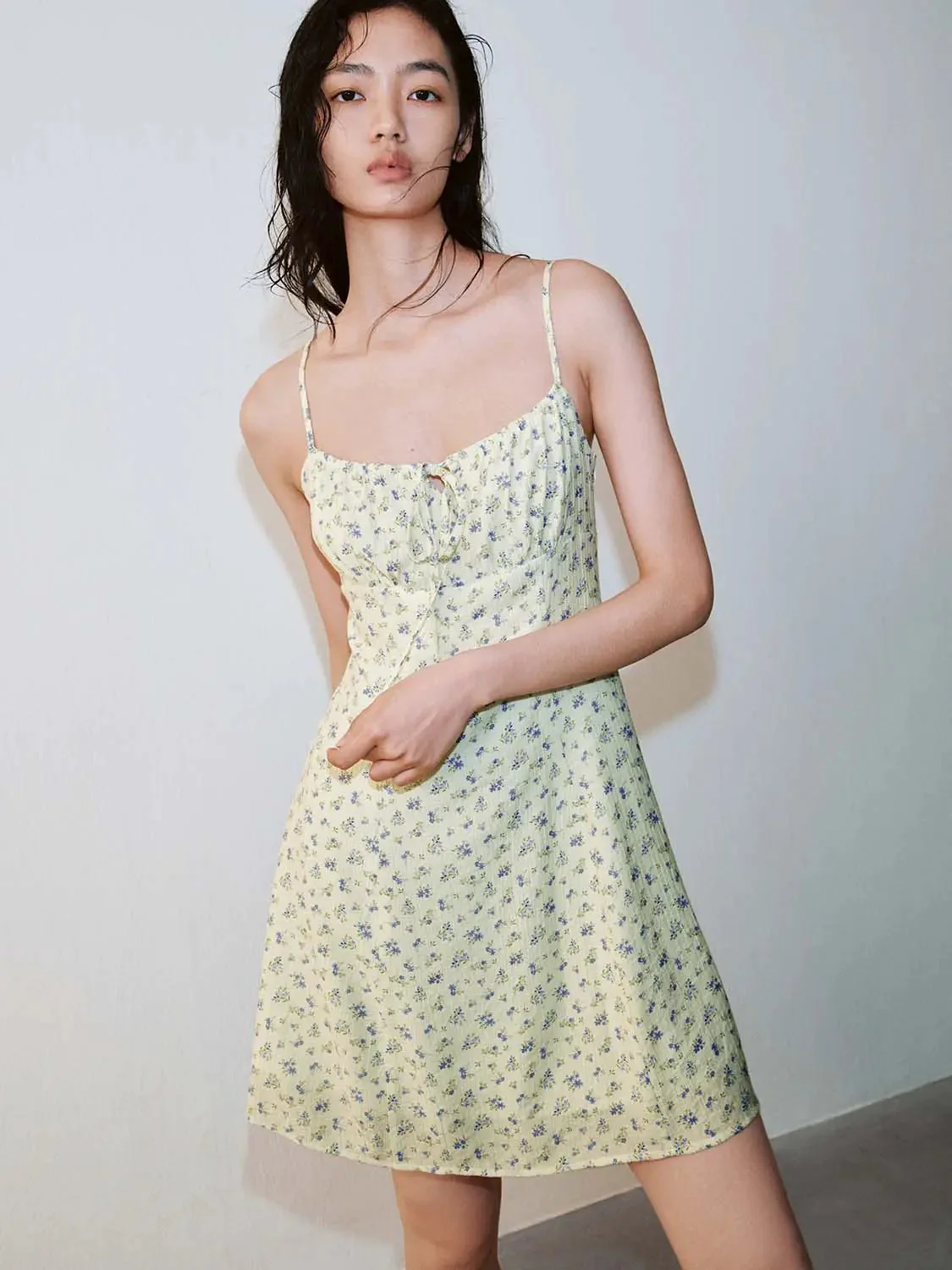 Floral Print Strappy Tie Detail A Line Midi Dress