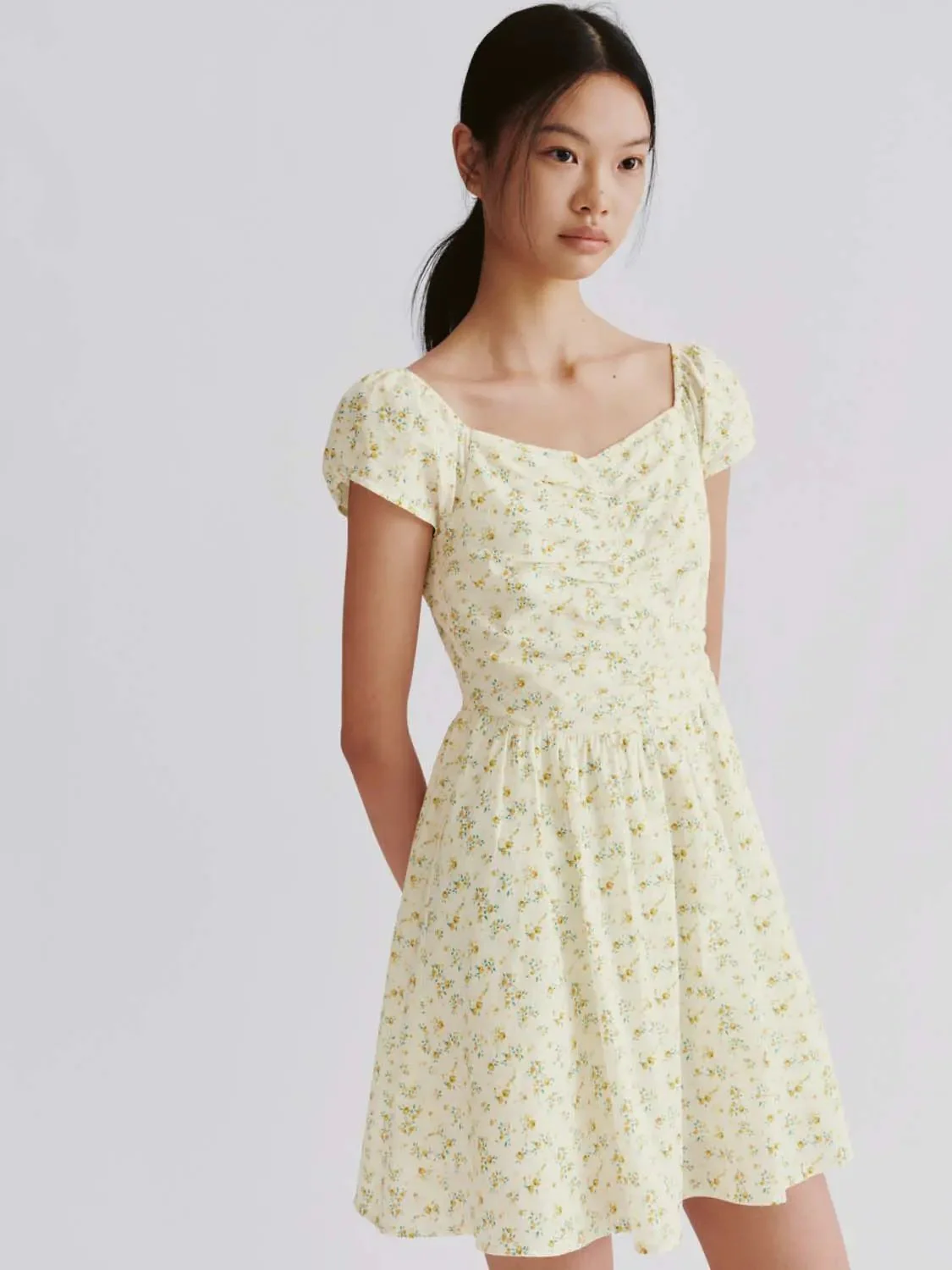 Floral Cotton Lyocell Puff Sleeve Shirring A-Line Midi Dress