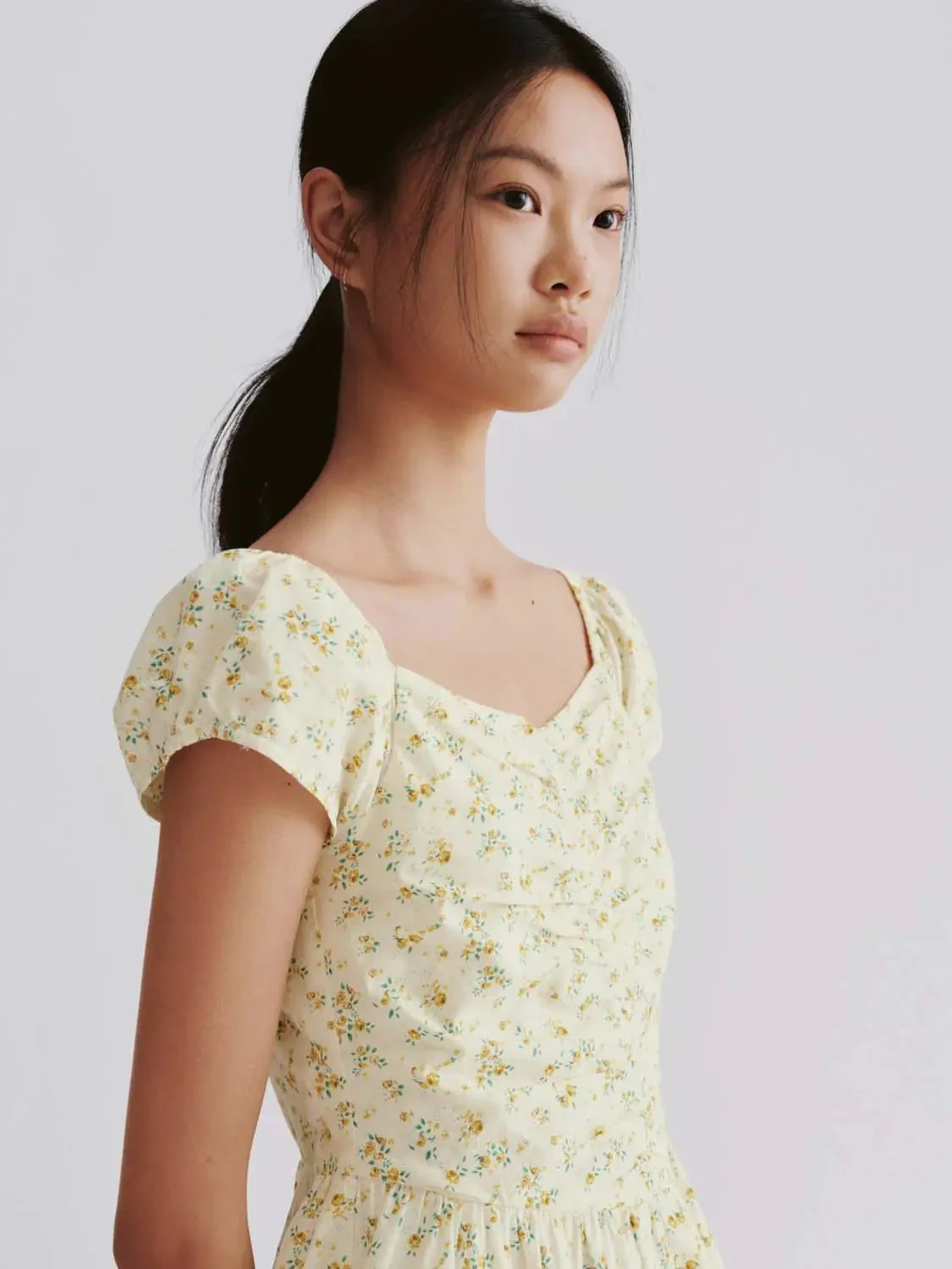 Floral Cotton Lyocell Puff Sleeve Shirring A-Line Midi Dress