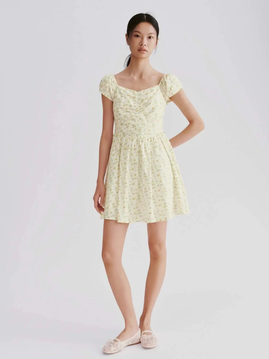 Floral Cotton Lyocell Puff Sleeve Shirring A-Line Midi Dress