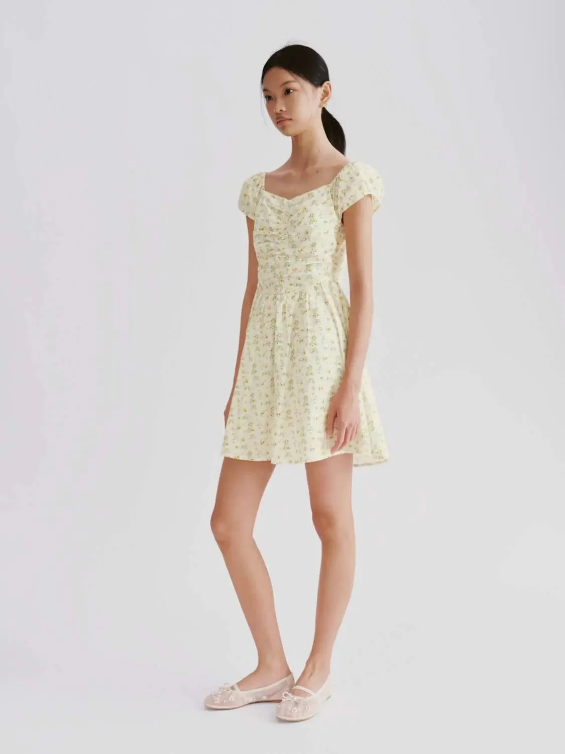 Floral Cotton Lyocell Puff Sleeve Shirring A-Line Midi Dress