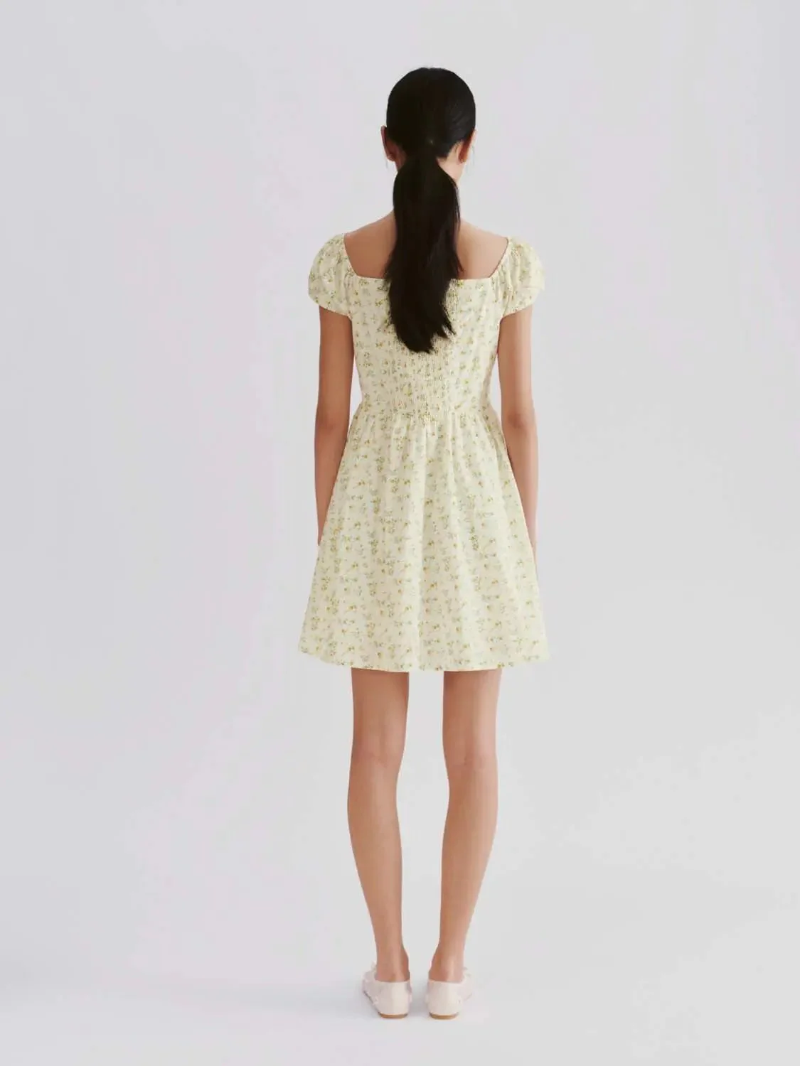 Floral Cotton Lyocell Puff Sleeve Shirring A-Line Midi Dress
