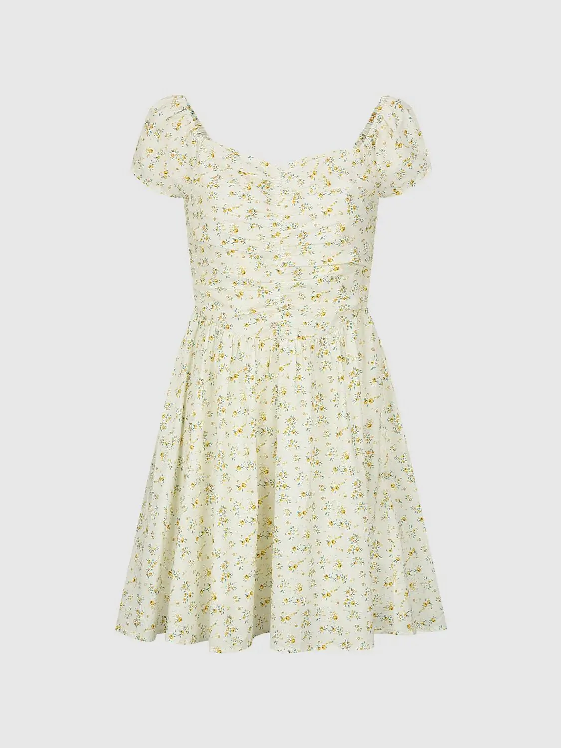 Floral Cotton Lyocell Puff Sleeve Shirring A-Line Midi Dress