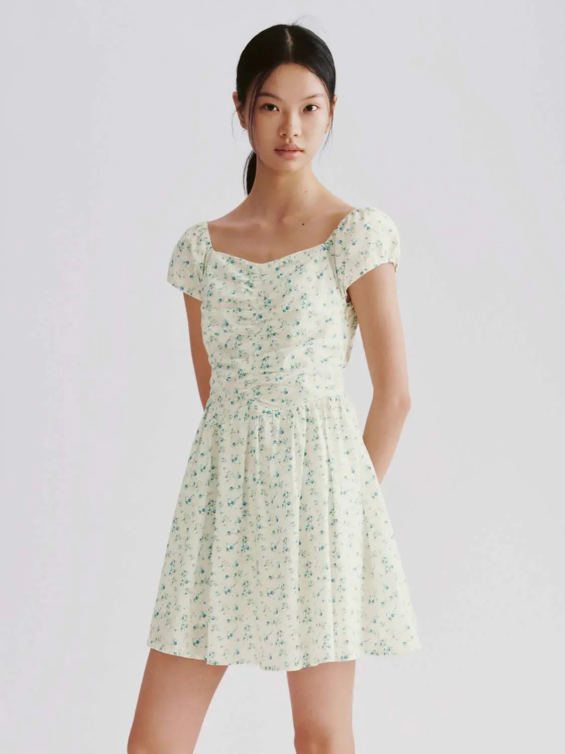 Floral Cotton Lyocell Puff Sleeve Shirring A-Line Midi Dress