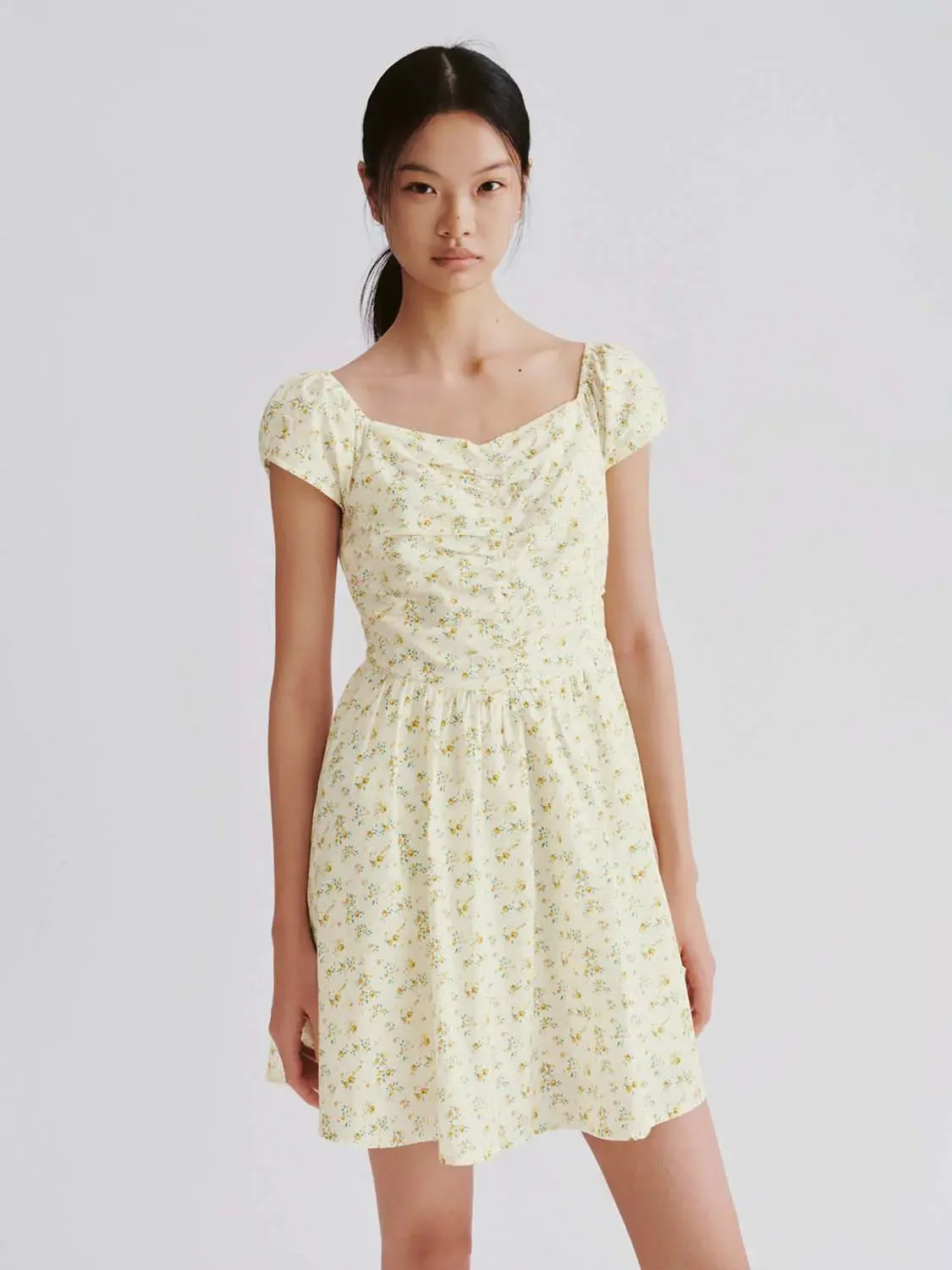 Floral Cotton Lyocell Puff Sleeve Shirring A-Line Midi Dress