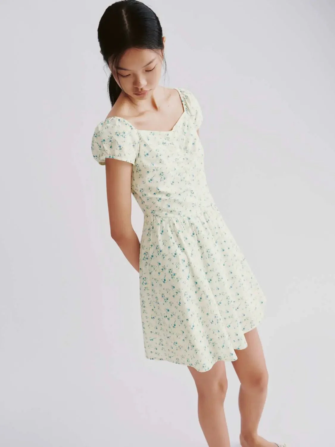 Floral Cotton Lyocell Puff Sleeve Shirring A-Line Midi Dress