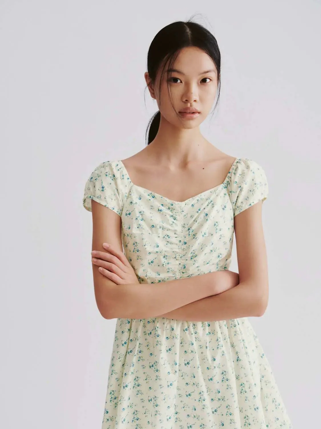 Floral Cotton Lyocell Puff Sleeve Shirring A-Line Midi Dress