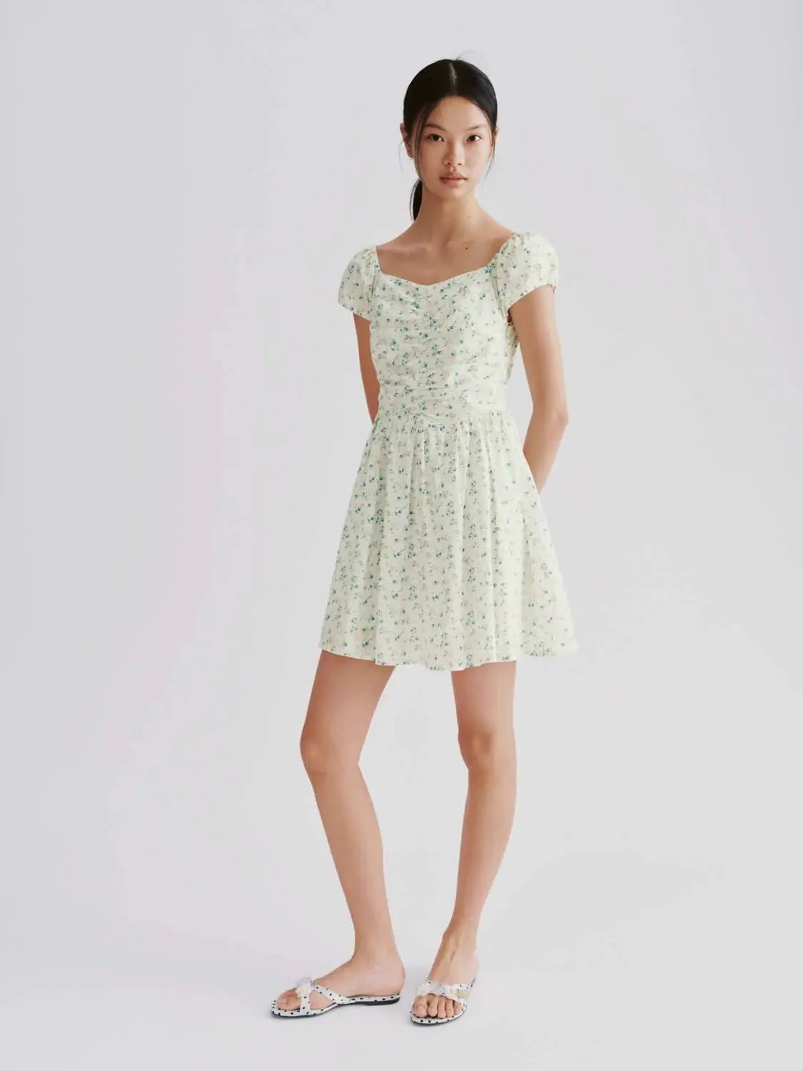 Floral Cotton Lyocell Puff Sleeve Shirring A-Line Midi Dress