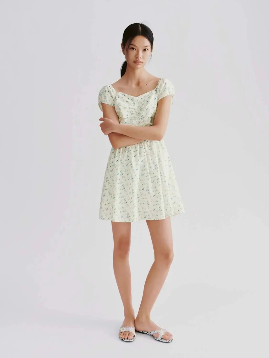 Floral Cotton Lyocell Puff Sleeve Shirring A-Line Midi Dress