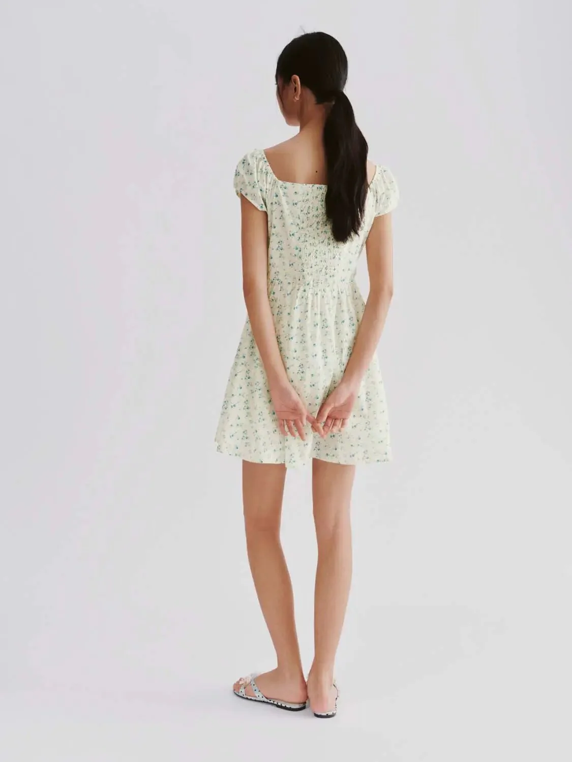Floral Cotton Lyocell Puff Sleeve Shirring A-Line Midi Dress