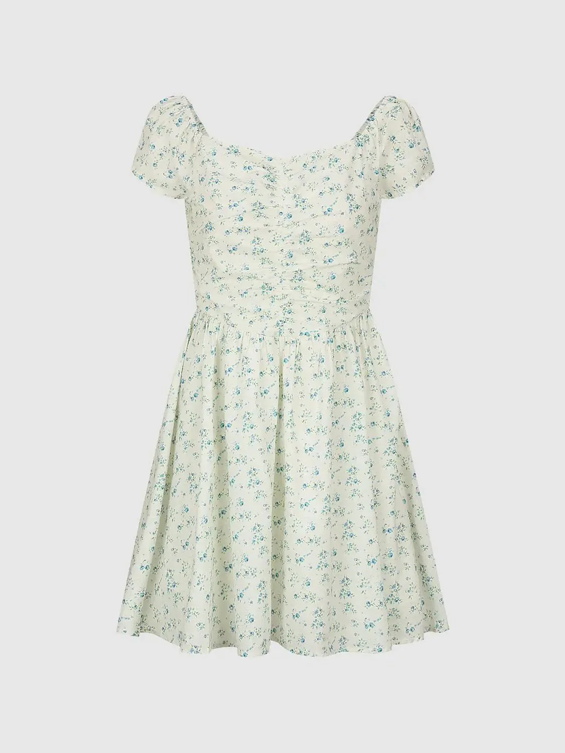 Floral Cotton Lyocell Puff Sleeve Shirring A-Line Midi Dress