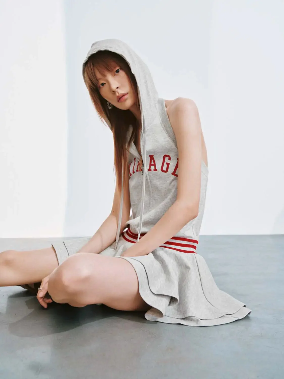Cotton Blend Hooded Sleeveless Red Stripe Waist A Line Dress