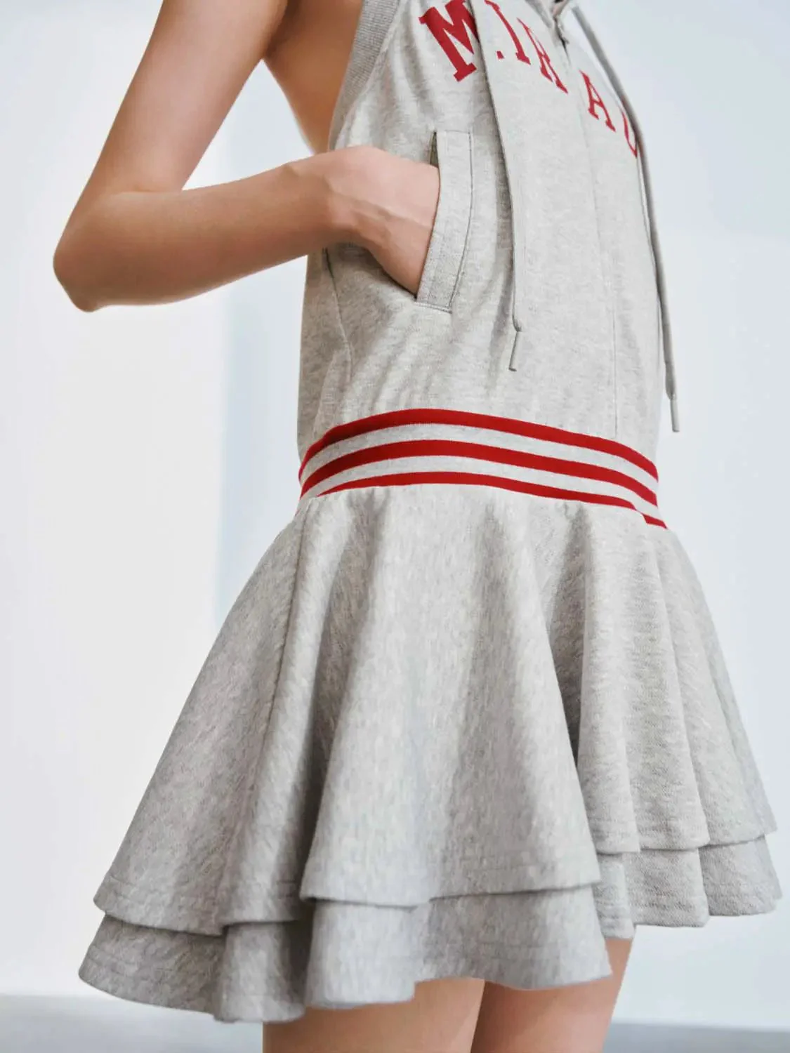 Cotton Blend Hooded Sleeveless Red Stripe Waist A Line Dress