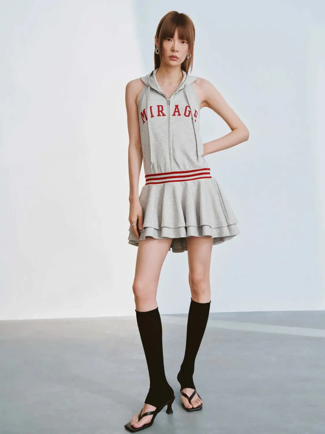 Cotton Blend Hooded Sleeveless Red Stripe Waist A Line Dress
