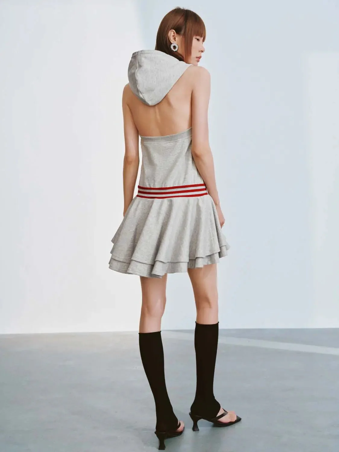 Cotton Blend Hooded Sleeveless Red Stripe Waist A Line Dress