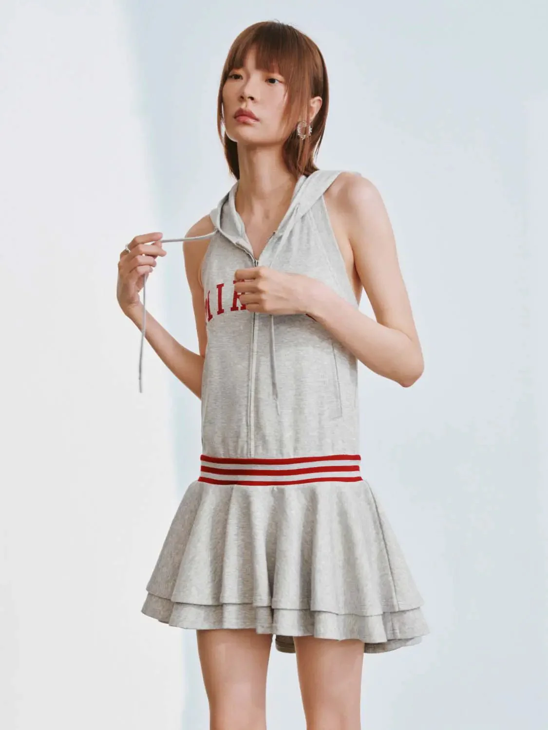Cotton Blend Hooded Sleeveless Red Stripe Waist A Line Dress