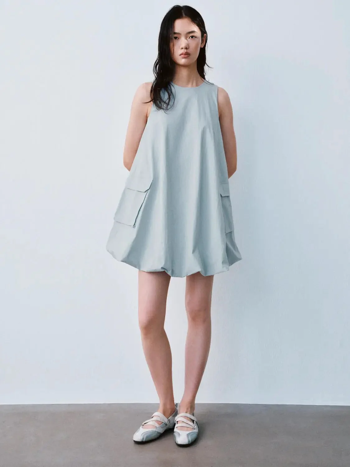 Cotton A Line Sleeveless Balloon Hem Dresses