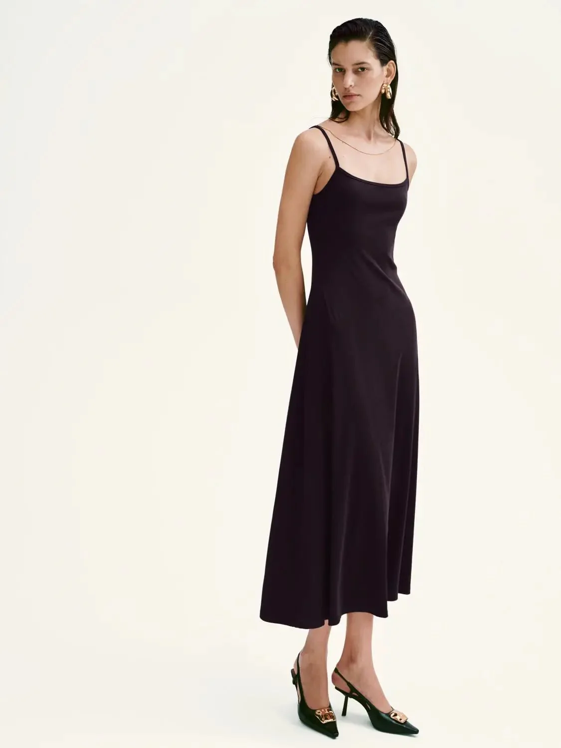 Elegant Cotton Blend Strappy A-Line Midi Dress