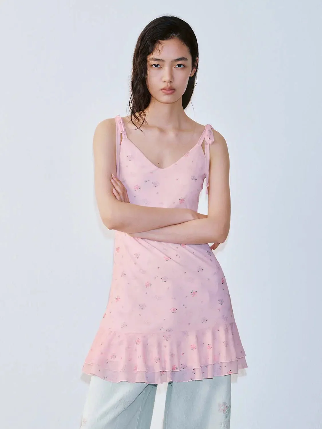 Floral Strappy A-Line Midi Ruffle Hem Dresses