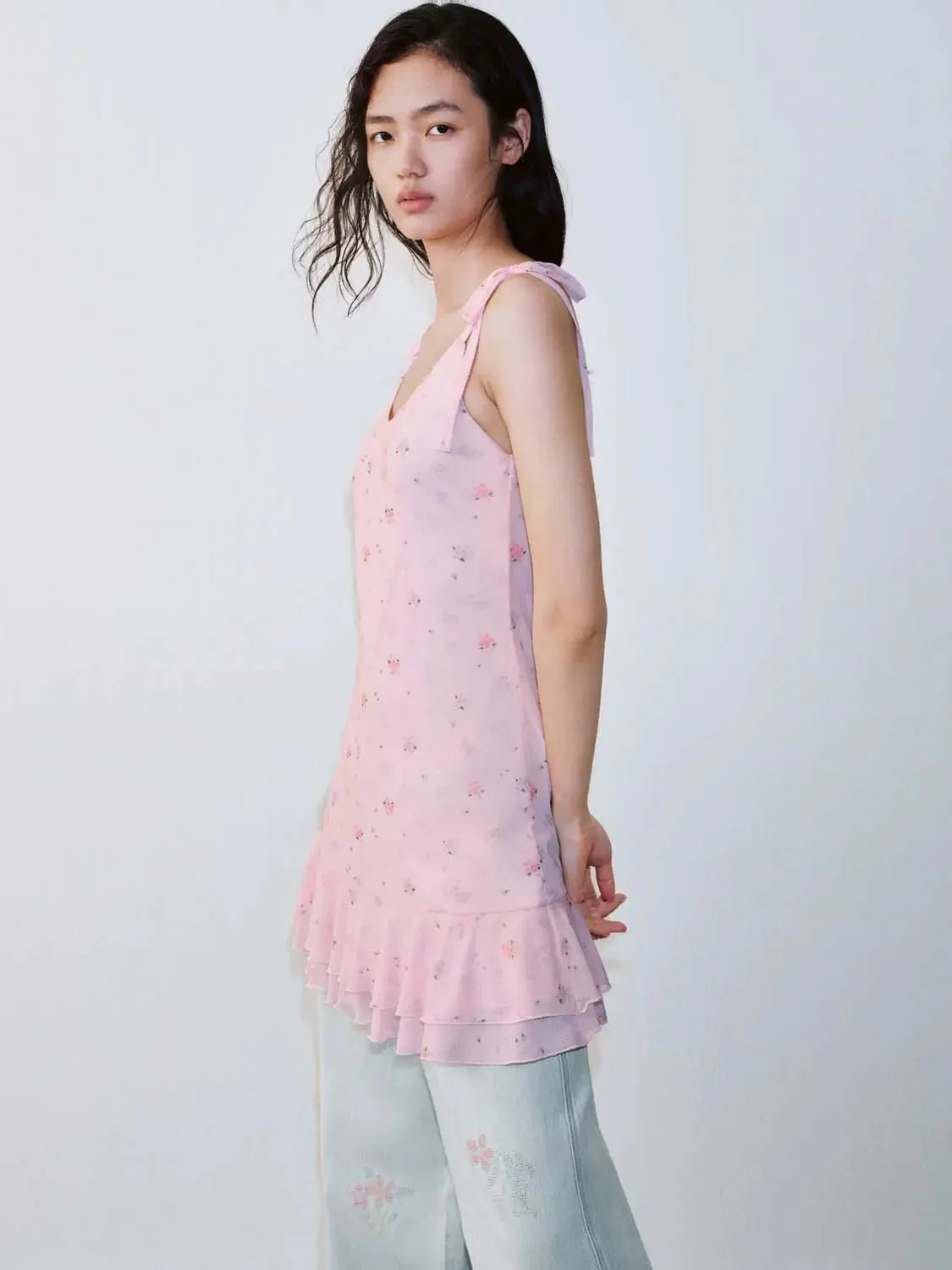 Floral Strappy A-Line Midi Ruffle Hem Dresses