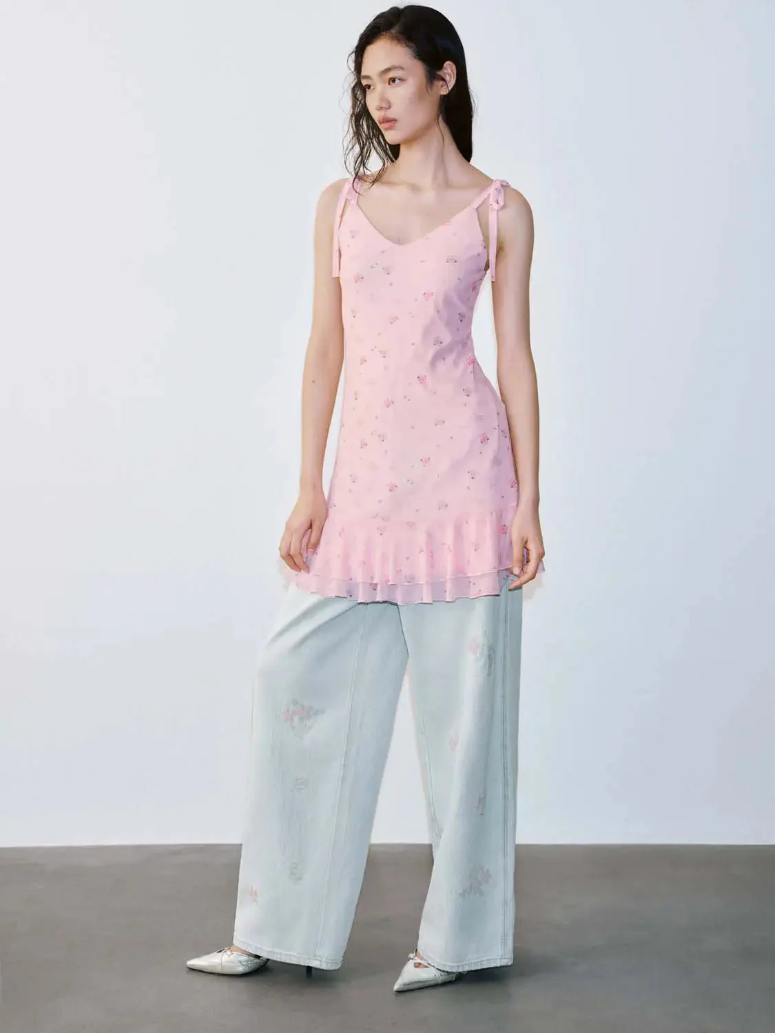 Floral Strappy A-Line Midi Ruffle Hem Dresses