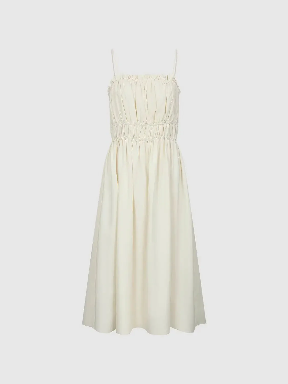 Strappy Shirring A-Line Lyocell Linen Midi Dresses