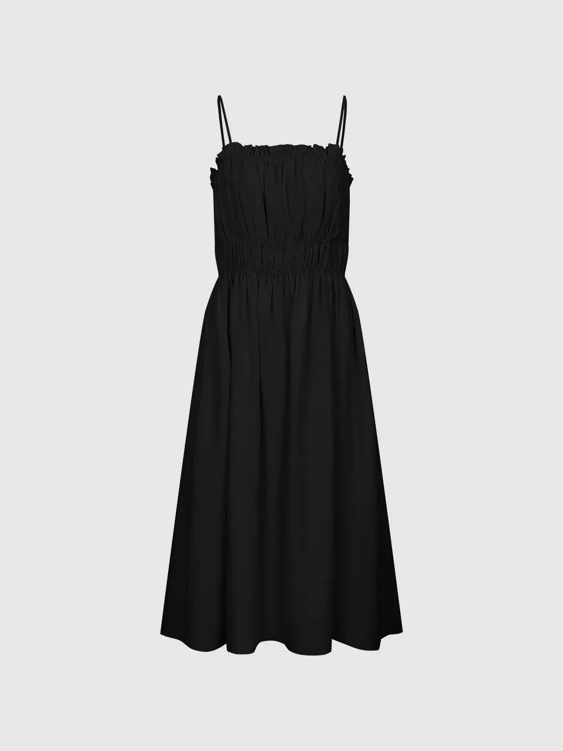 Strappy Shirring A-Line Lyocell Linen Midi Dresses