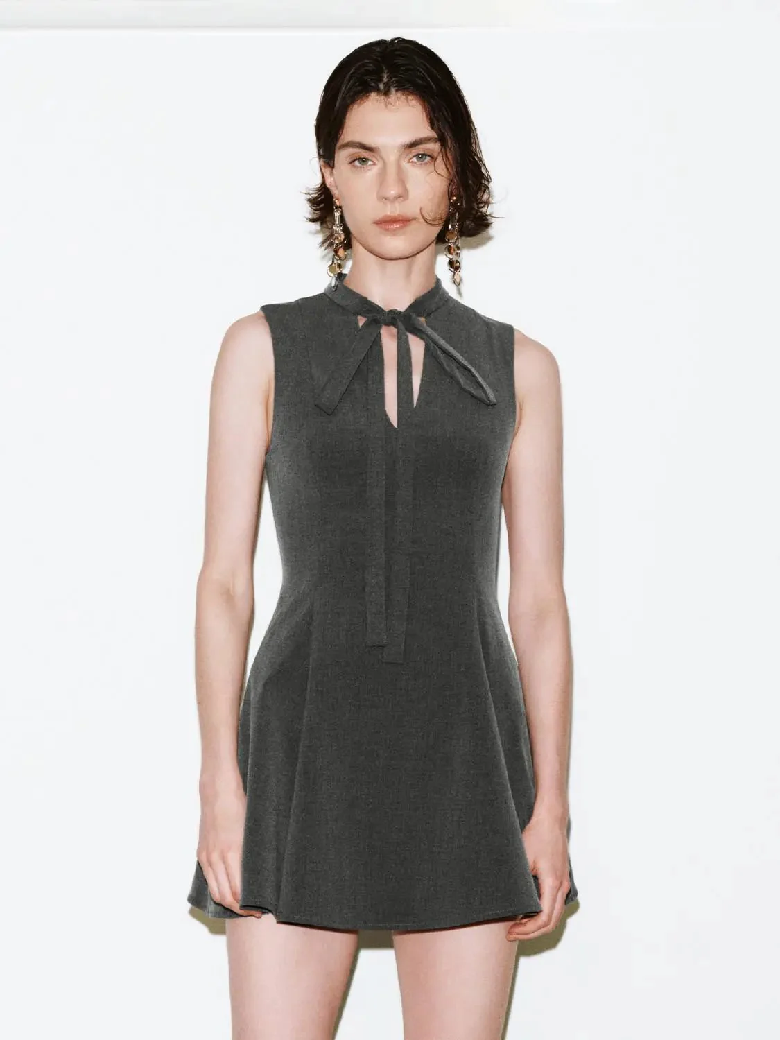 Scarf Neck Sleeveless Pleated A Line Stretch Dresses