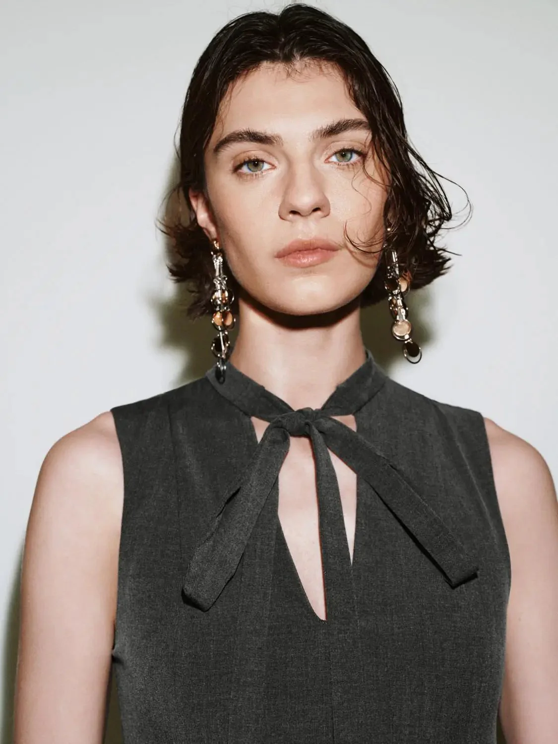 Scarf Neck Sleeveless Pleated A Line Stretch Dresses