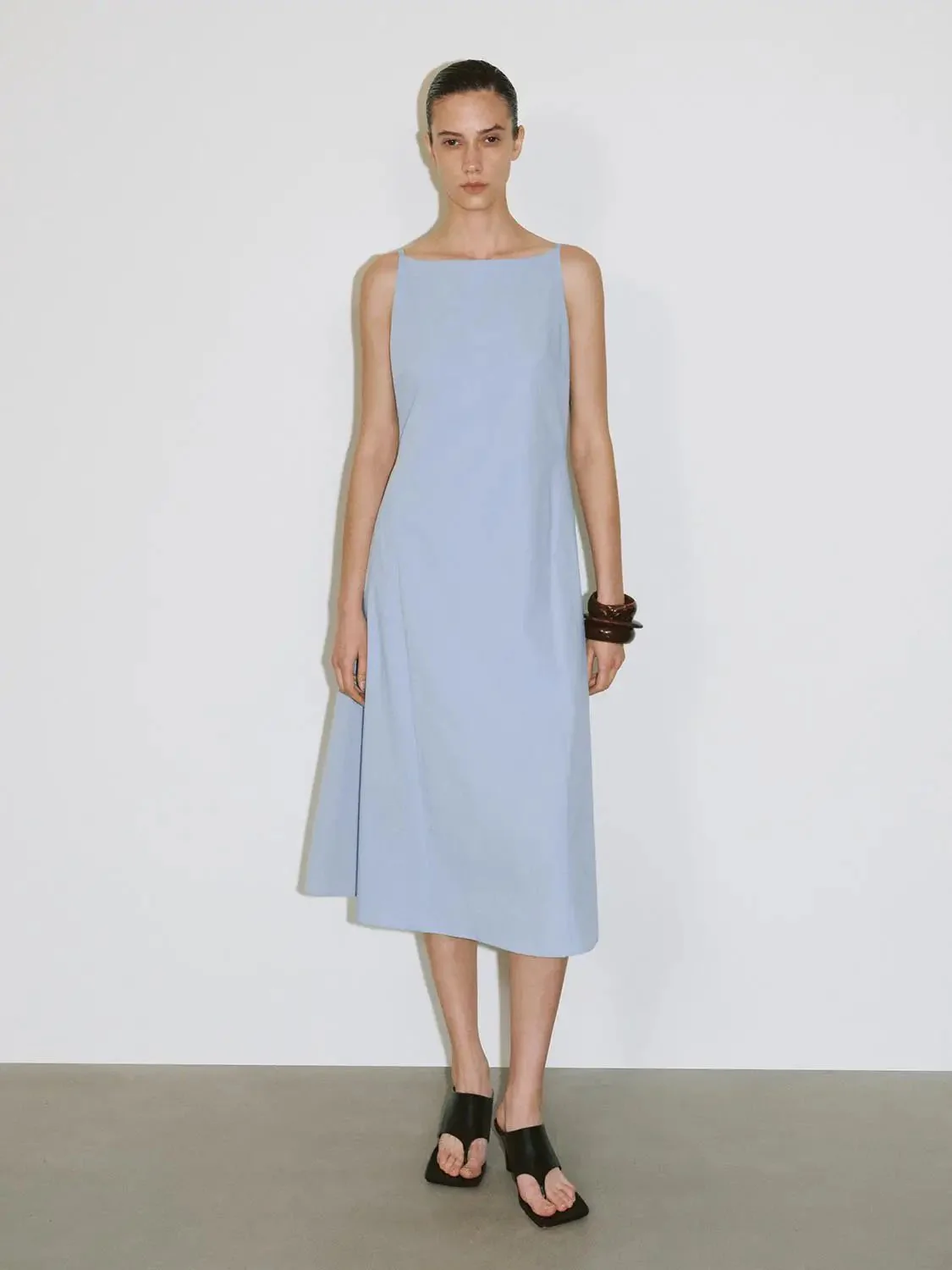 Cotton Strappy Boat Neck A-Line Midi Dresses