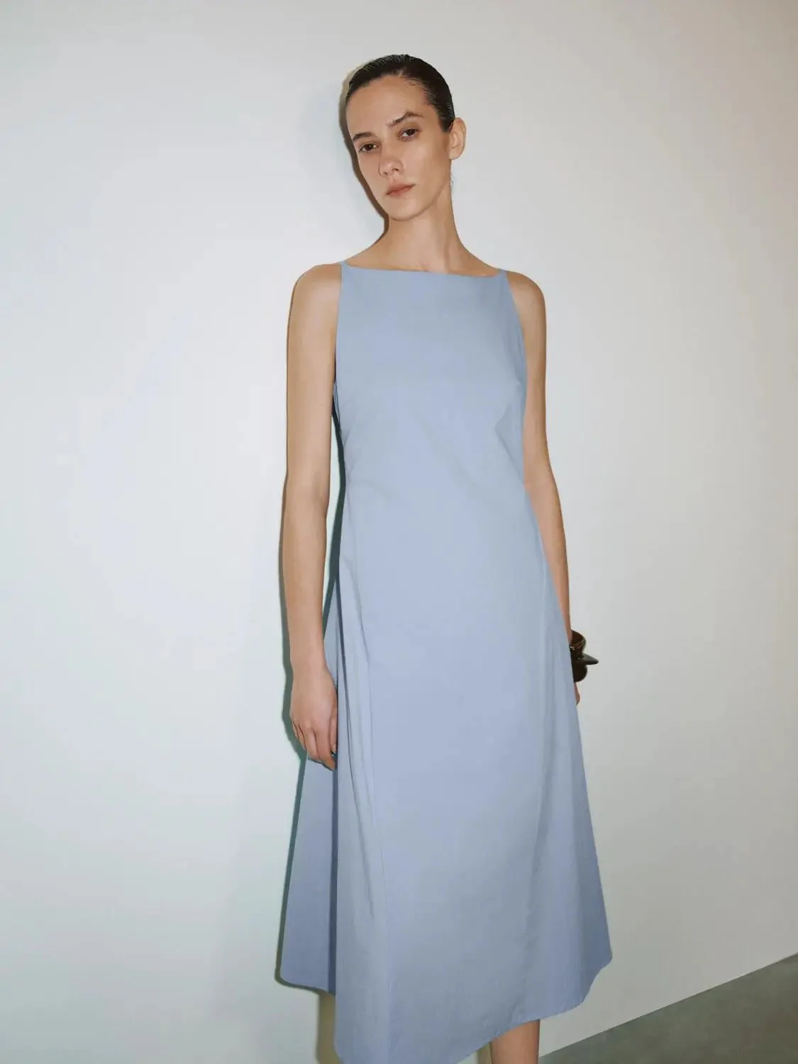 Cotton Strappy Boat Neck A-Line Midi Dresses
