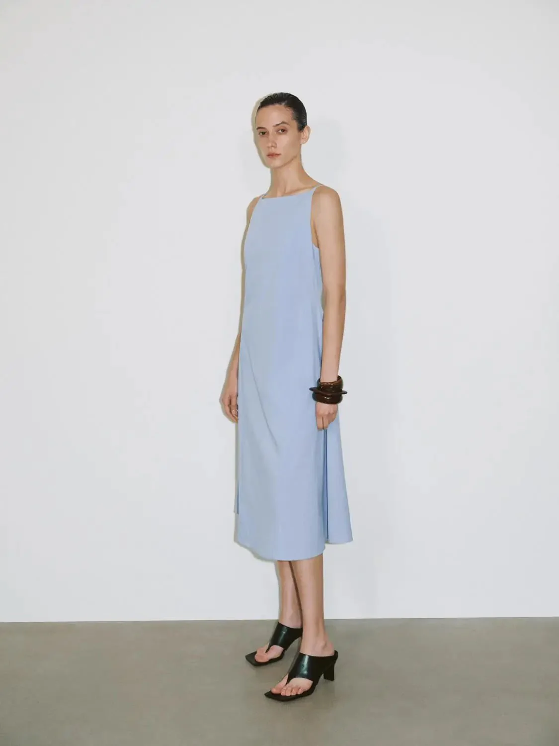 Cotton Strappy Boat Neck A-Line Midi Dresses