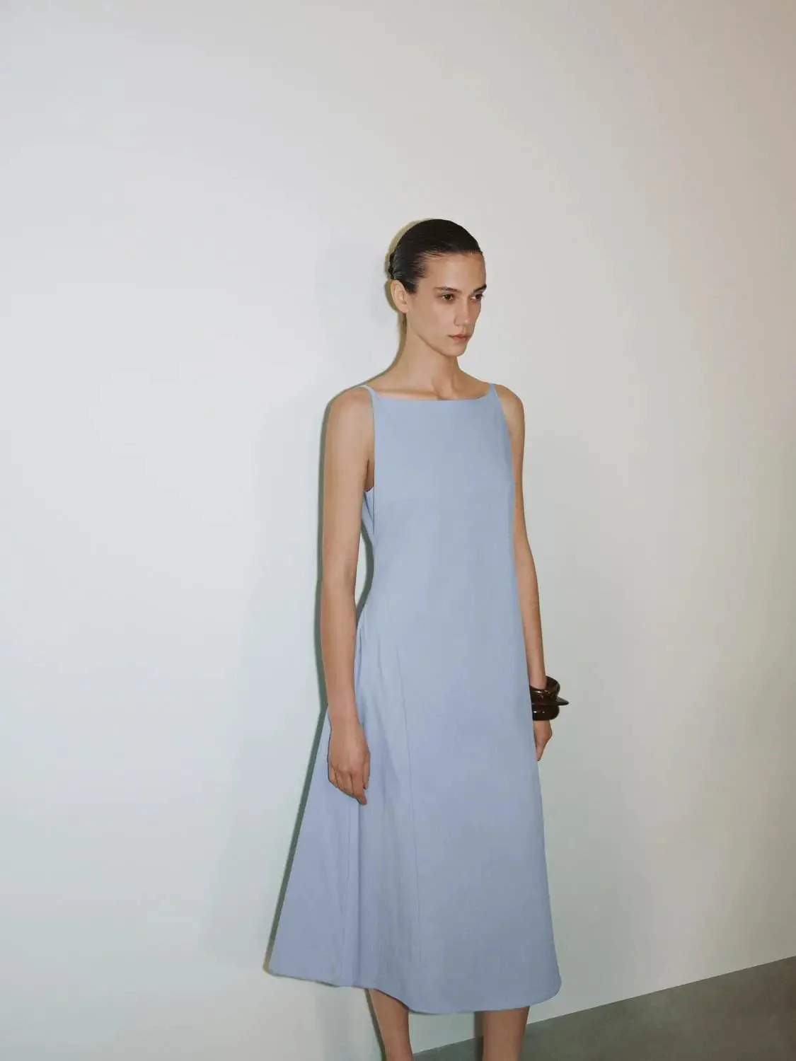 Cotton Strappy Boat Neck A-Line Midi Dresses