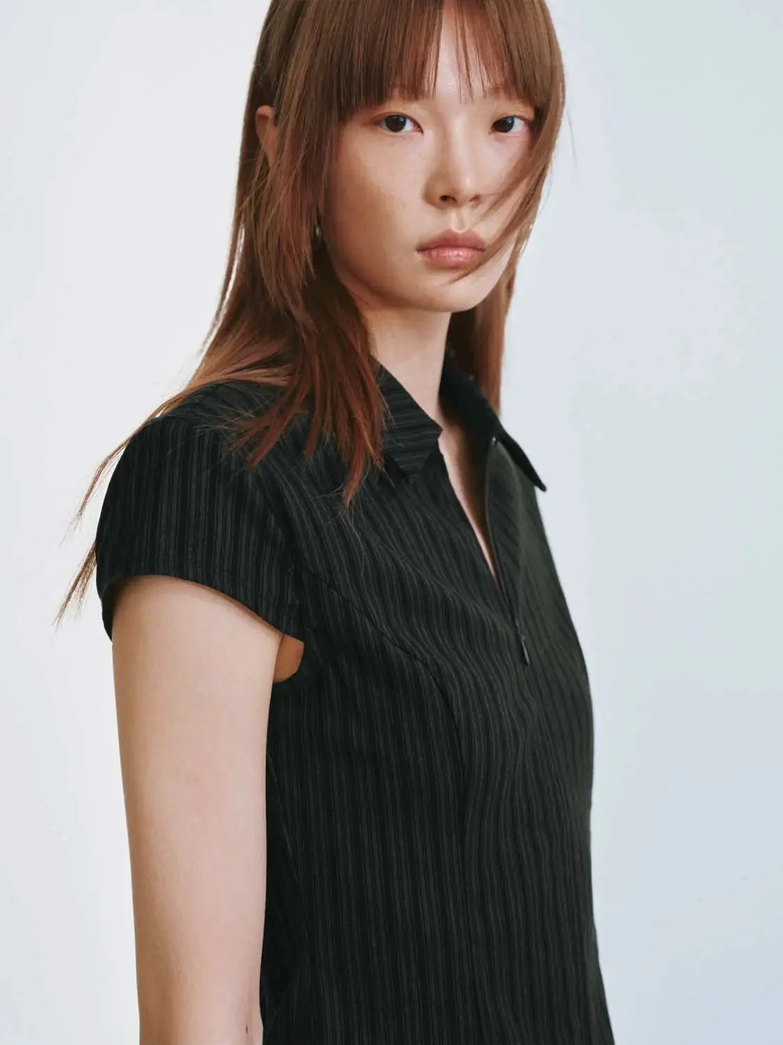 Viscose Blend Striped Polo Neck A-Line Mini Dress