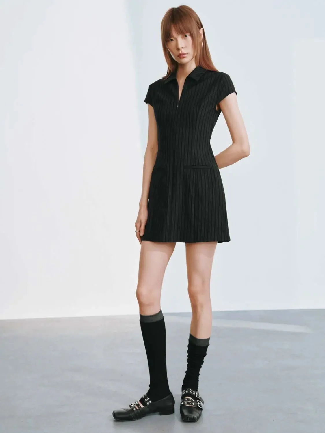 Viscose Blend Striped Polo Neck A-Line Mini Dress