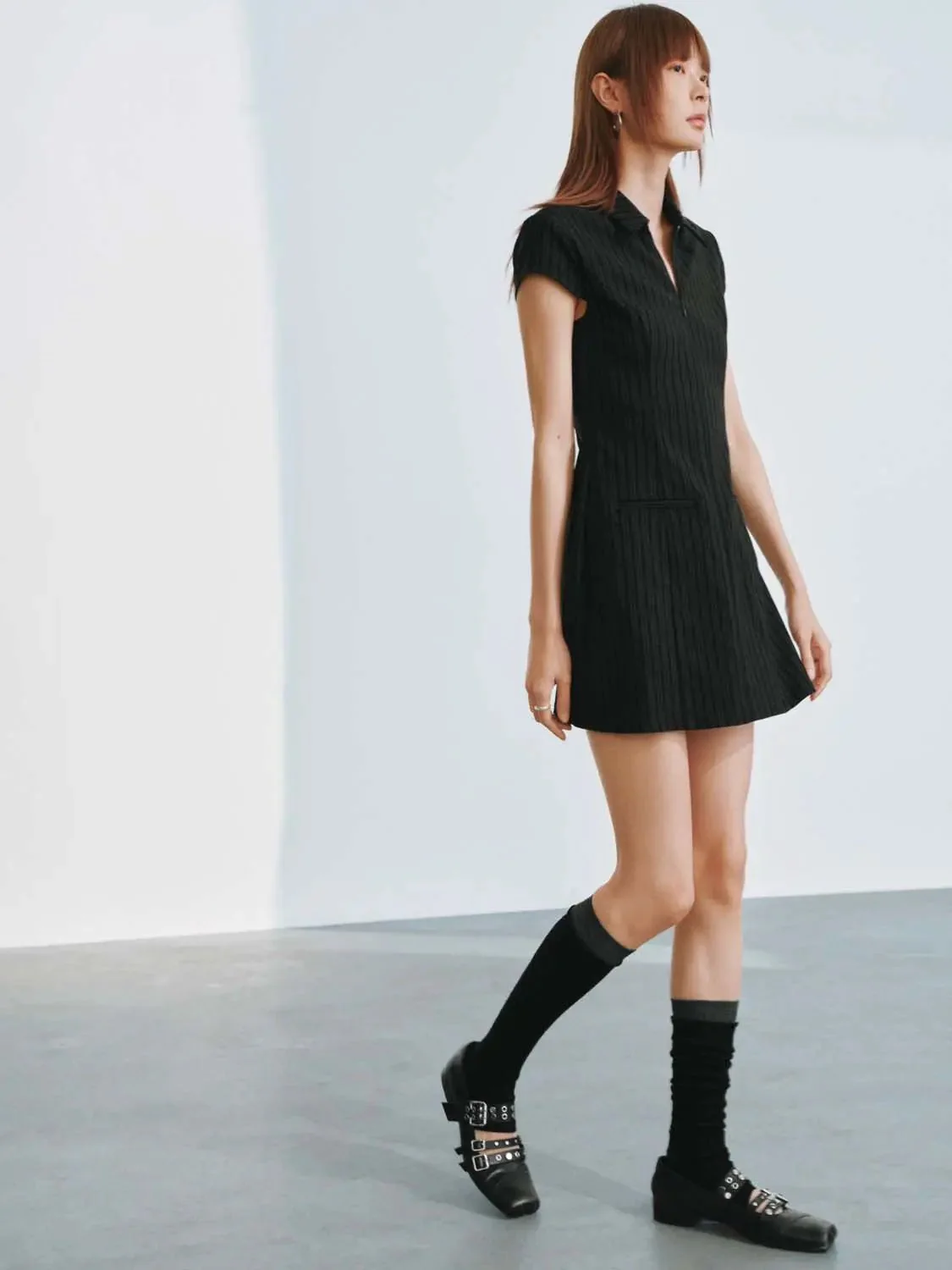 Viscose Blend Striped Polo Neck A-Line Mini Dress